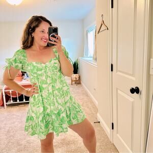 Tuckernuck Mason Baker Green White Floral Cotton Puff Sleeve Sexy Mini Dress M